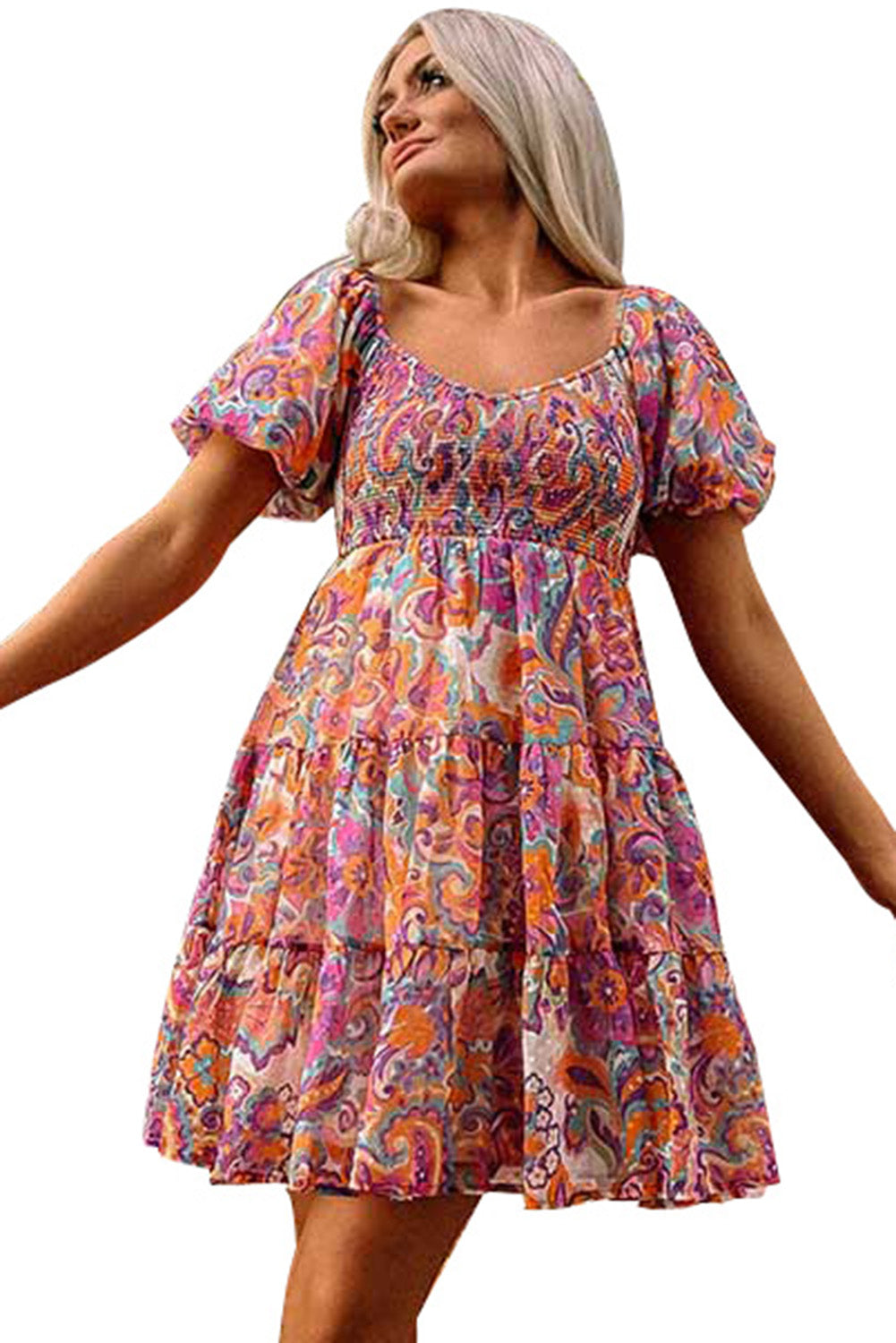 Boho Print Smocked Ruffled Puff Sleeve Mini Dress