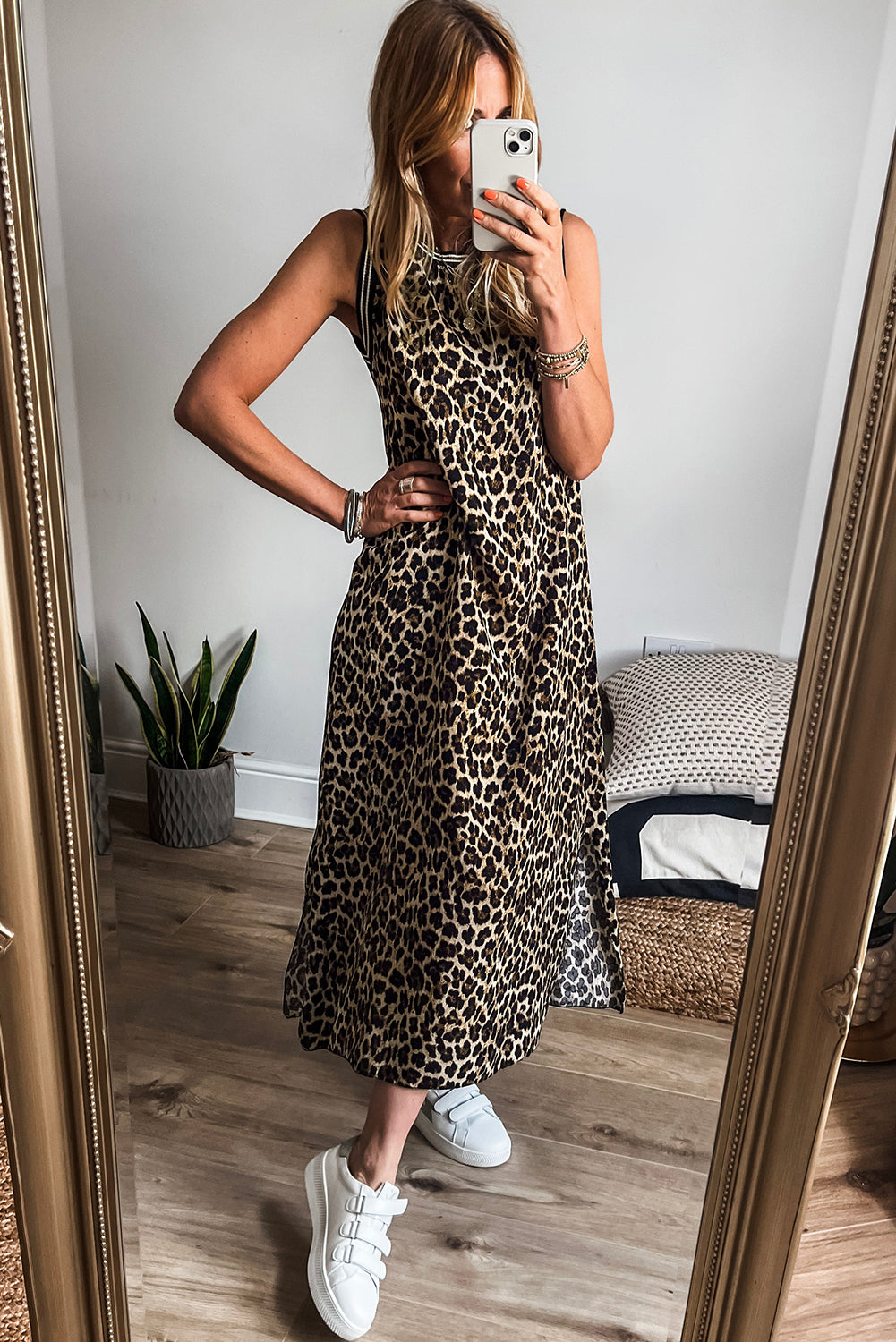 Black Contrast Striped Trim Leopard Sleeveless Maxi Dress