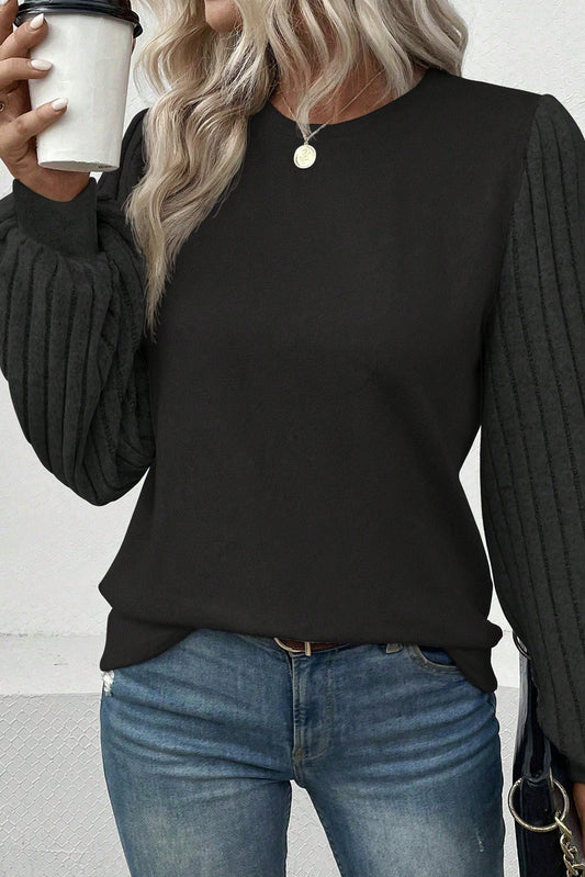 Black Contrast Ribbed Bishop Sleeve Top