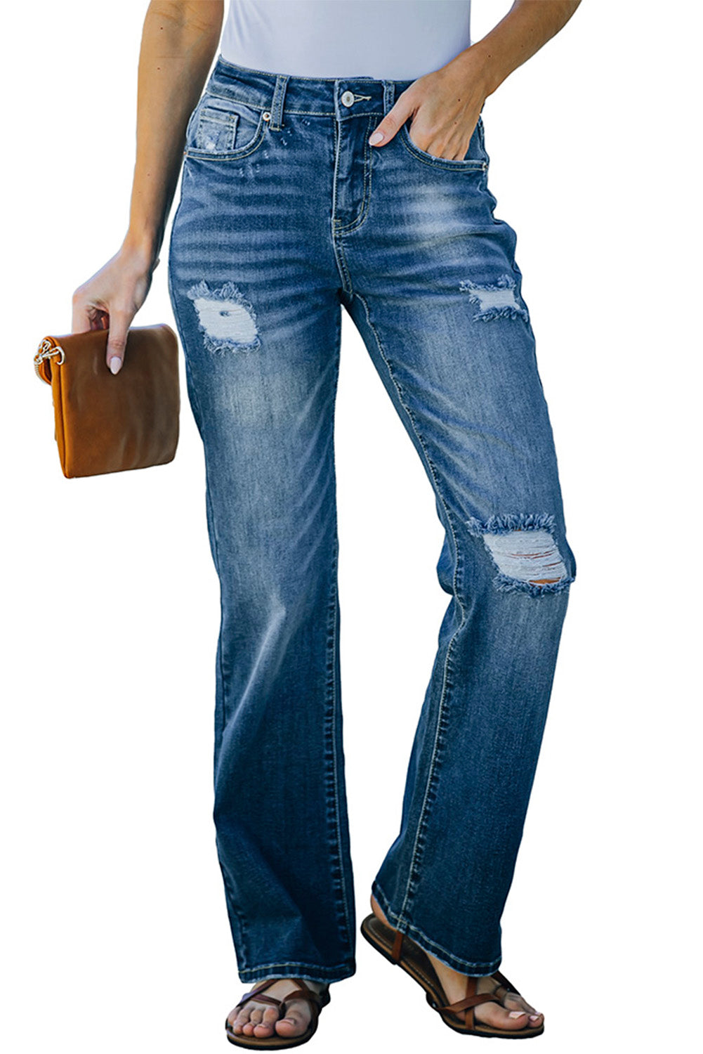 High Rise Washed Distressed Flare Jeans