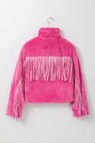 Pink Fringed Full Zipper Fleece Jacket