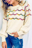 Wavy Striped Pointelle Bishop Sleeve Sweater