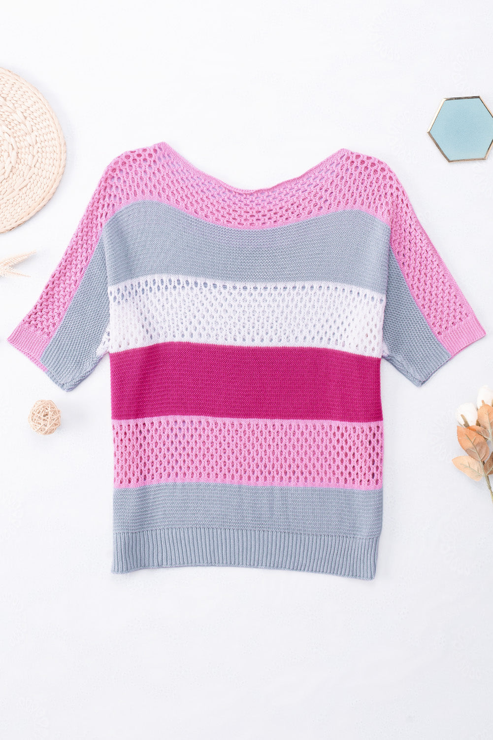 Knitted Eyelet Colorblock Striped Half Sleeves Top