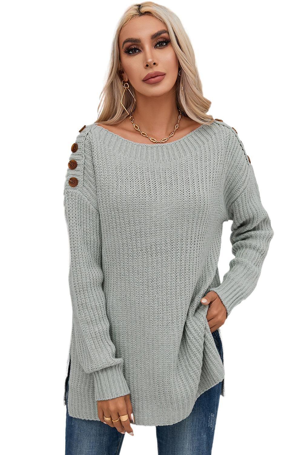 Buttoned Drop Shoulder Oversized Sweater