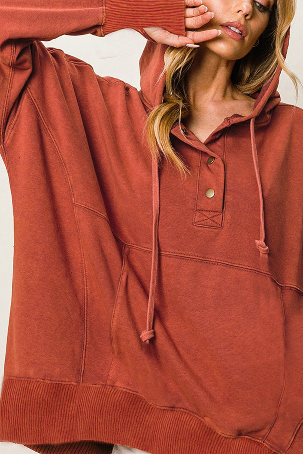 Oversized Snap Buttons Thumb Hole Pullover Hoodie