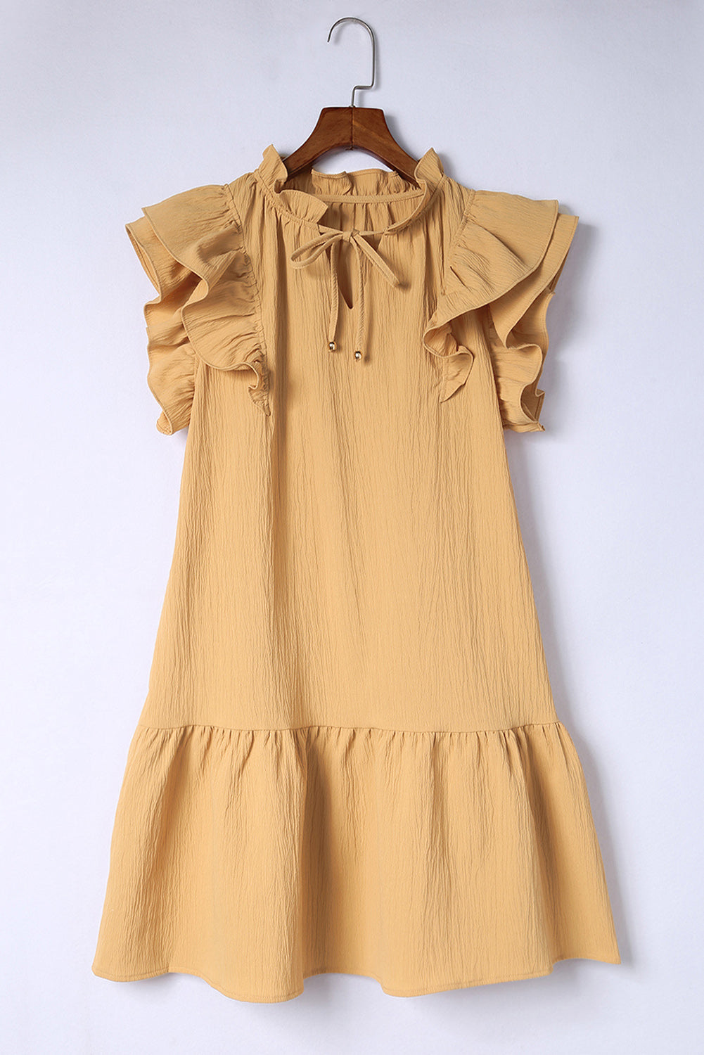 Khaki Tiered Ruffled Sleeves Mini Dress with Pockets