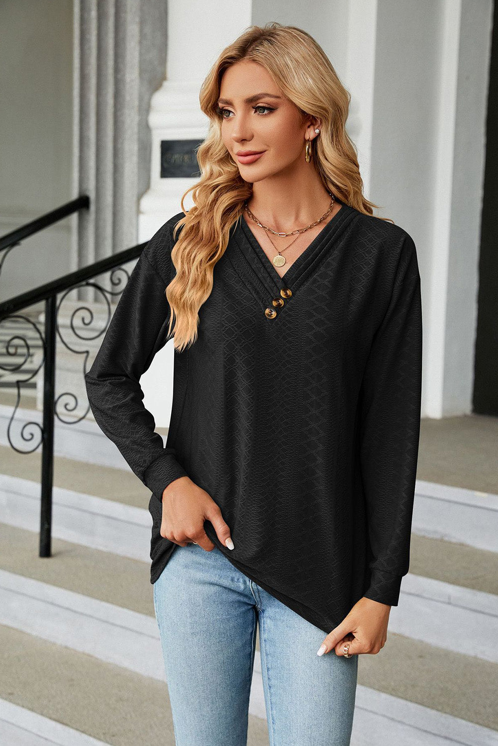 Pleated V Neck Jacquard Long Sleeve Top