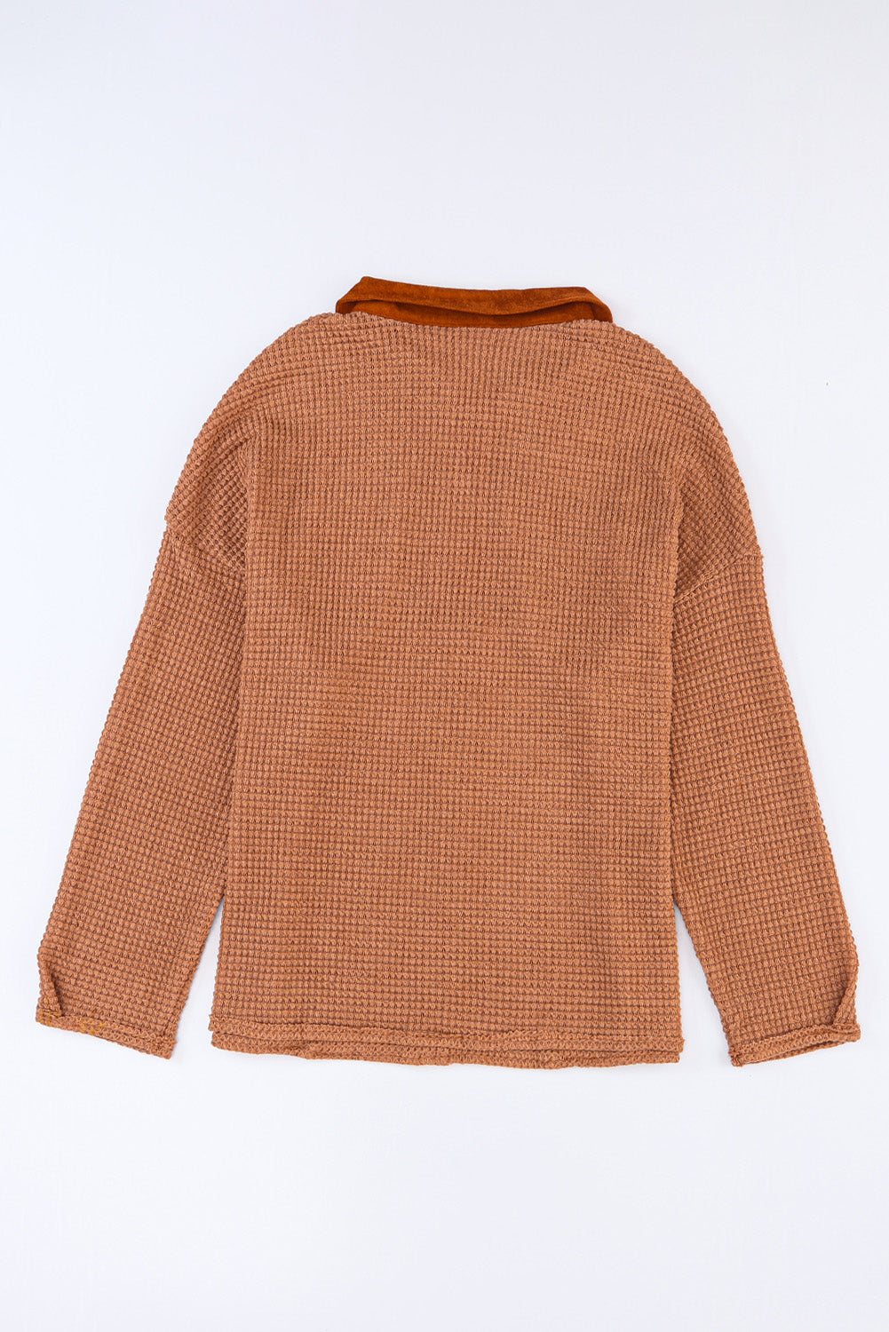 Waffle Knit Button Contrast Trim Long Sleeve Top