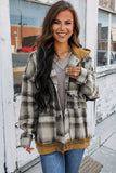 Orange Plaid Patch Hooded Frayed Snap Button Jacket