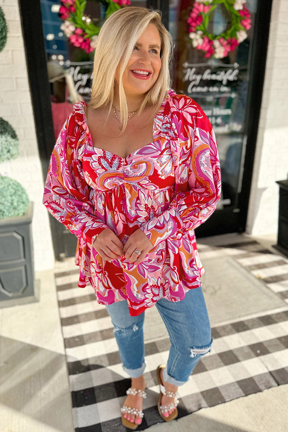 Plus Size Floral Sweetheart Neck Babydoll Blouse