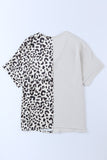 Leopard Color Block Roll Tab Sleeve V Neck Top