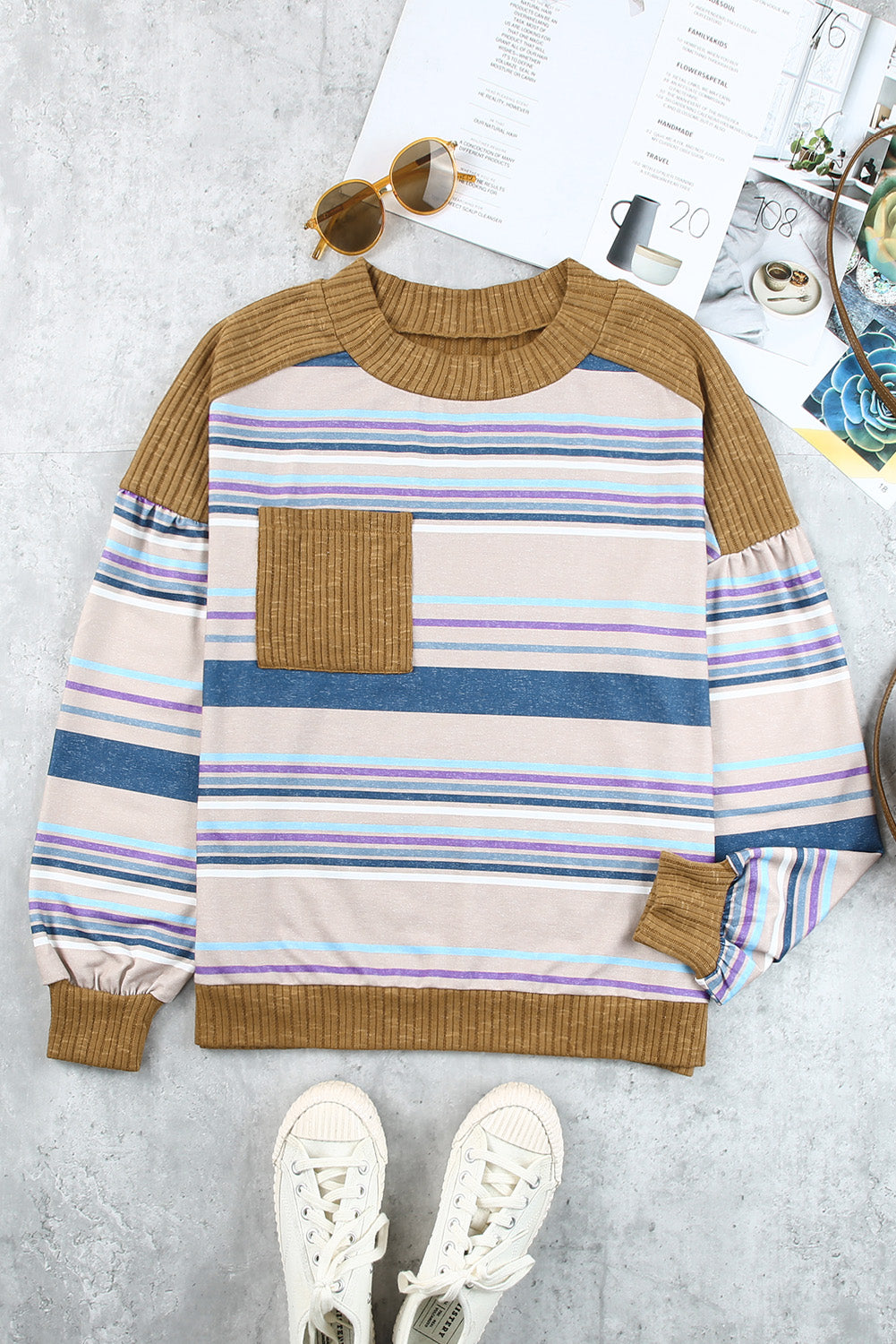 Striped Print Ribbed Knit Patchwork Pullover Top