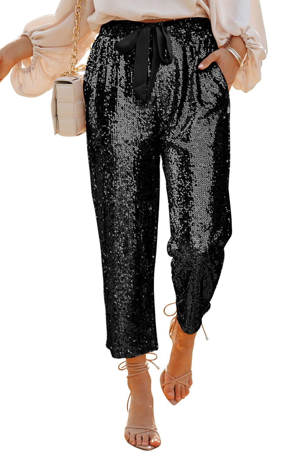 Pocketed Sequin Crop Pants