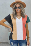 Multicolor Colorblock V Neck Short Sleeve Top