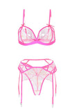 3pcs Embroidered Sheer Mesh Garter Lingerie Set