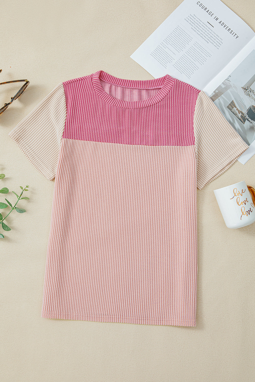 Pink Rib Textured Colorblock T Shirt