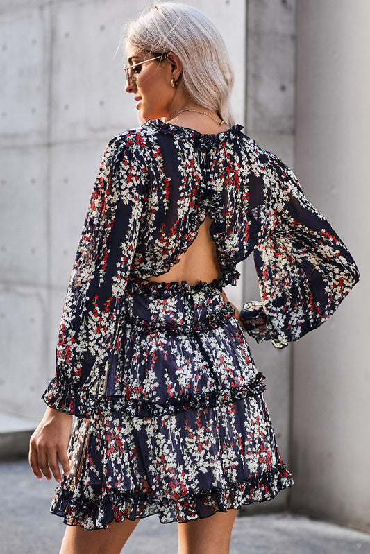 Ruffle Detailing Open Back Floral Dress