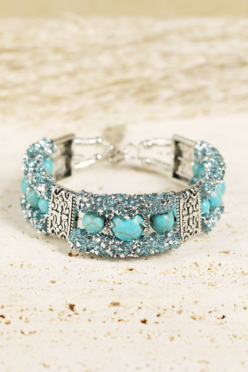 Western Turquoise Beads Rhinestone Carved Bracelet