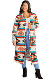 Plus Size Geometric Print Open Front Long Cardigan