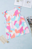 Pastel Geometric Print V-Neck Pleated Cap Sleeve Top