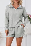 Ribbed Zipper Sweatshirt and High Waist Shorts Set