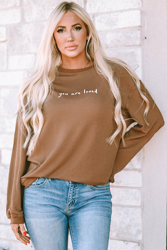 Khaki You Are Loved Print Corduroy Sweatshirt