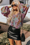 Multicolor Vibrant Floral Tie V Neck Puff Sleeve Blouse