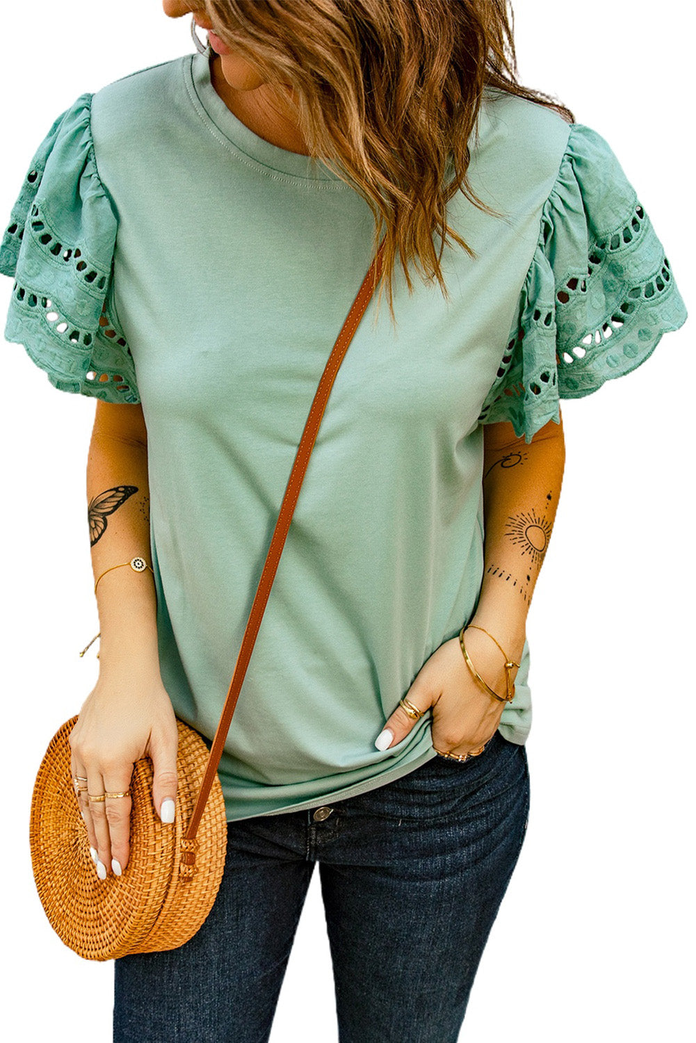 Hollow Out Ruffle Sleeve T-shirt