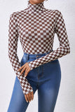 Brown Checkered Printed Long Sleeve High Neck Bodysuit