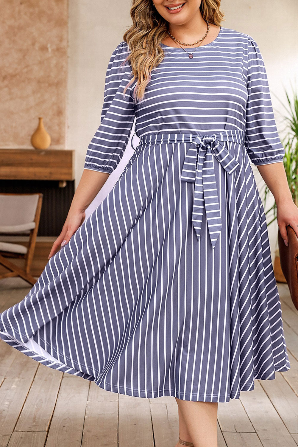 Striped Tie Waist 3/4 Sleeve Plus Size Dress