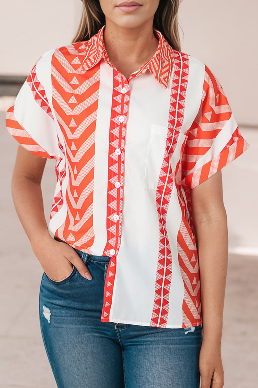 Geometric Striped Buttoned Short Sleeve Shirt