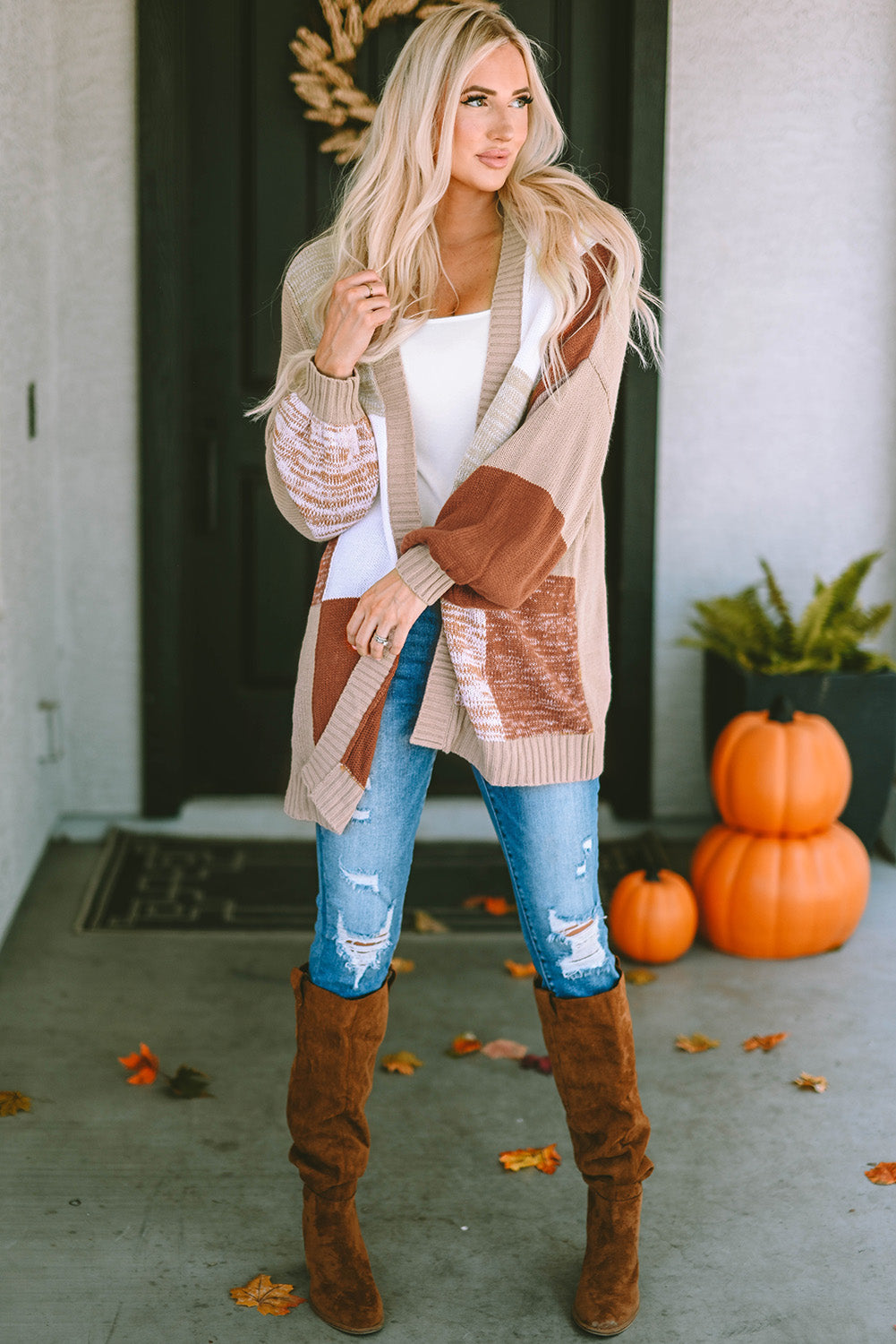 Checkered Pattern Open Front Drop Shoulder Slouchy Cardigan