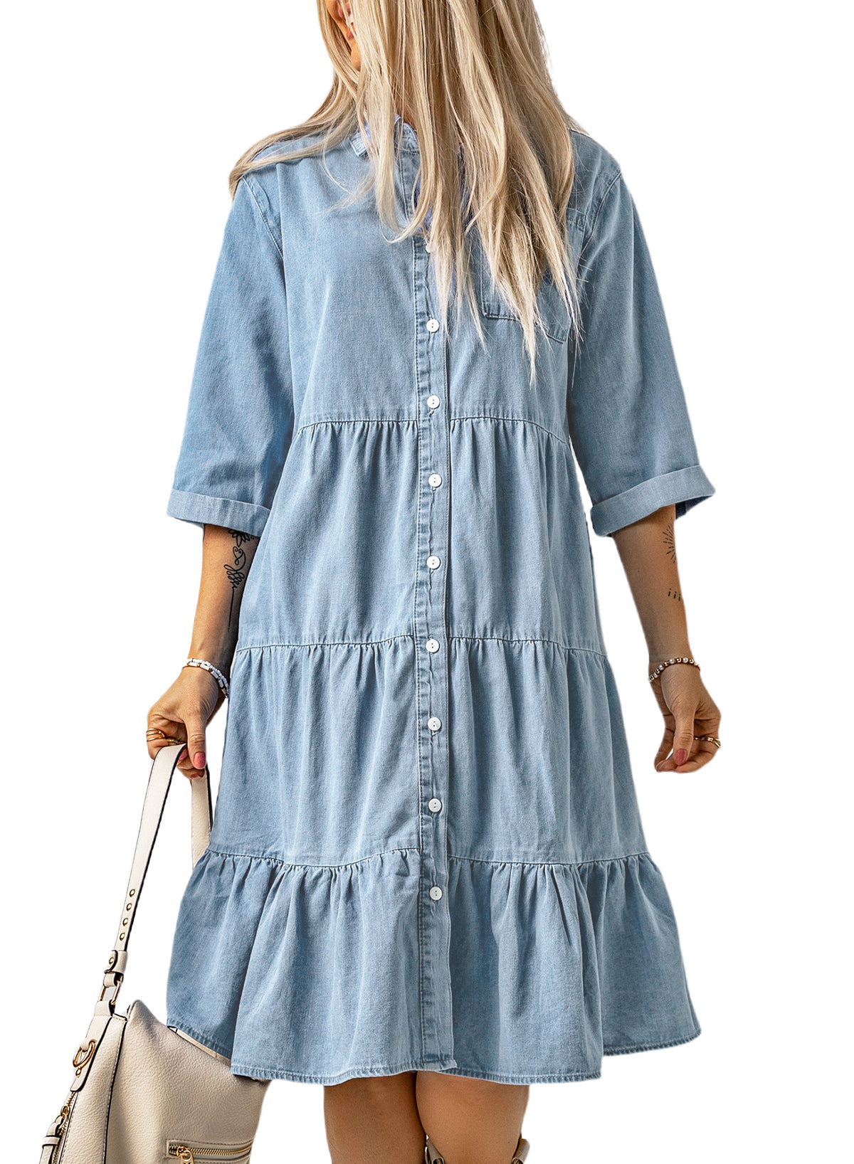 Ruffled Denim Full Buttoned Midi Dress