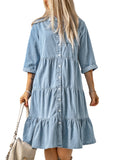 Robe midi boutonnée en denim à volants bleu ciel