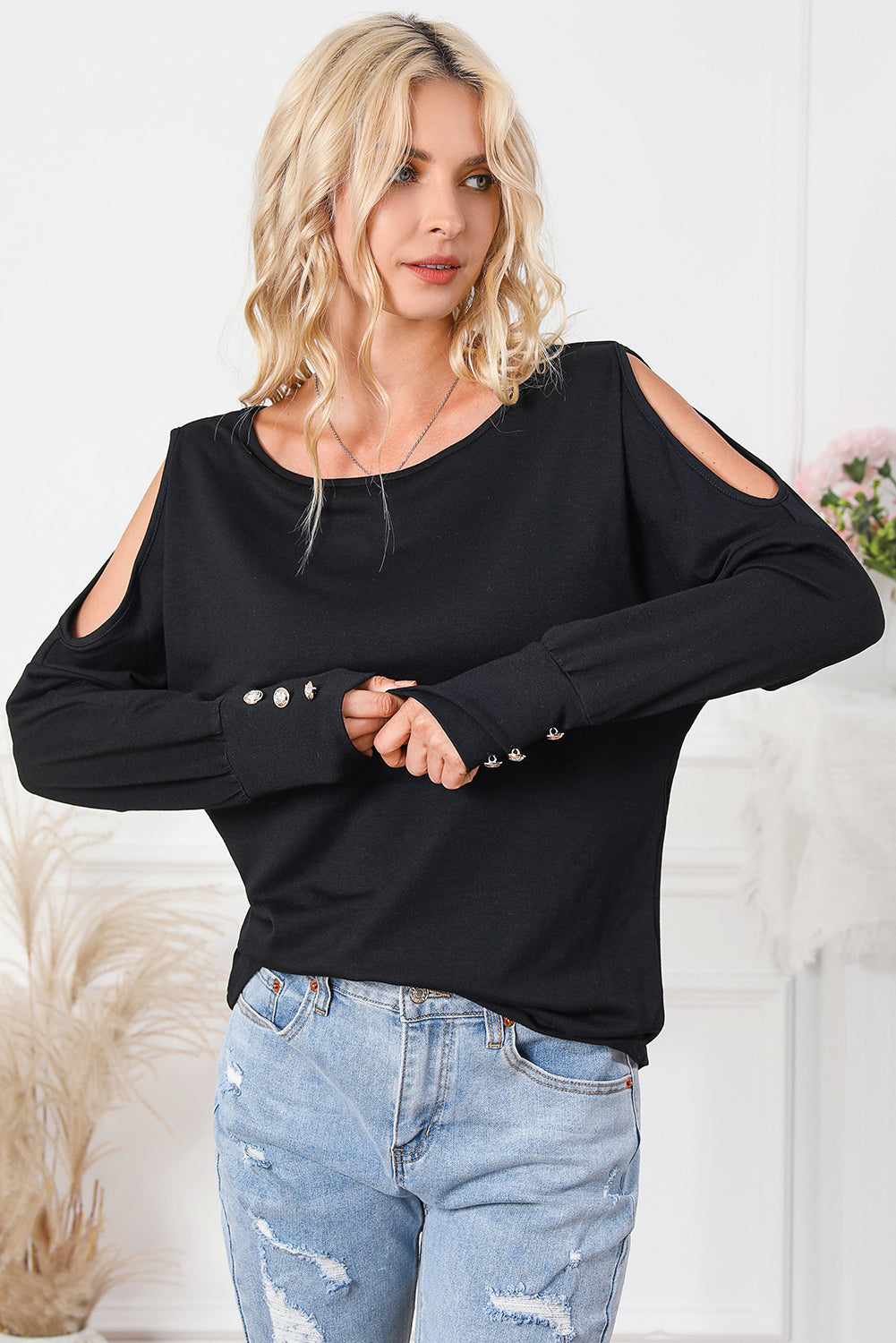 Asymmetrical Cut Out Buttoned Long Sleeve Top