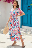 Abstract Printed Wrap V Neck Belted Maxi Dress