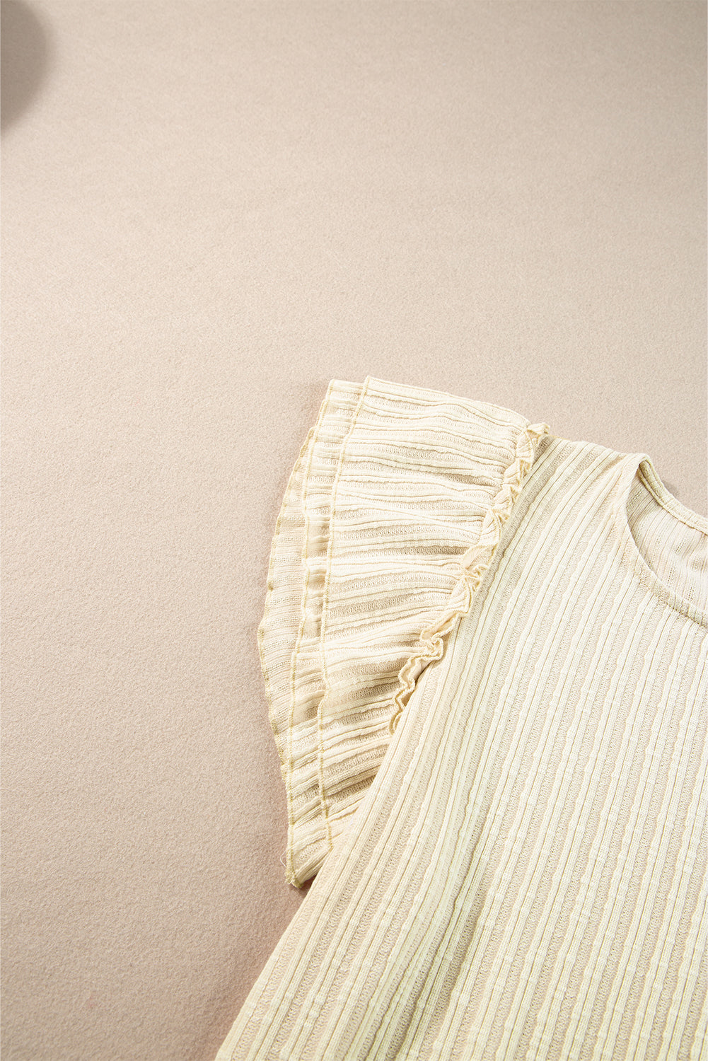 Beige Ruffled Rib Knitted Short Sleeve T Shirt