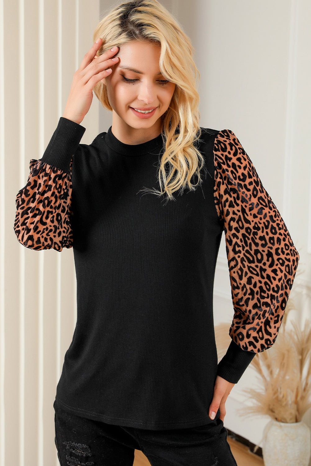 Black Leopard Print Long Sleeve Ribbed Knit Blouse