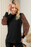 Black Leopard Print Long Sleeve Ribbed Knit Blouse