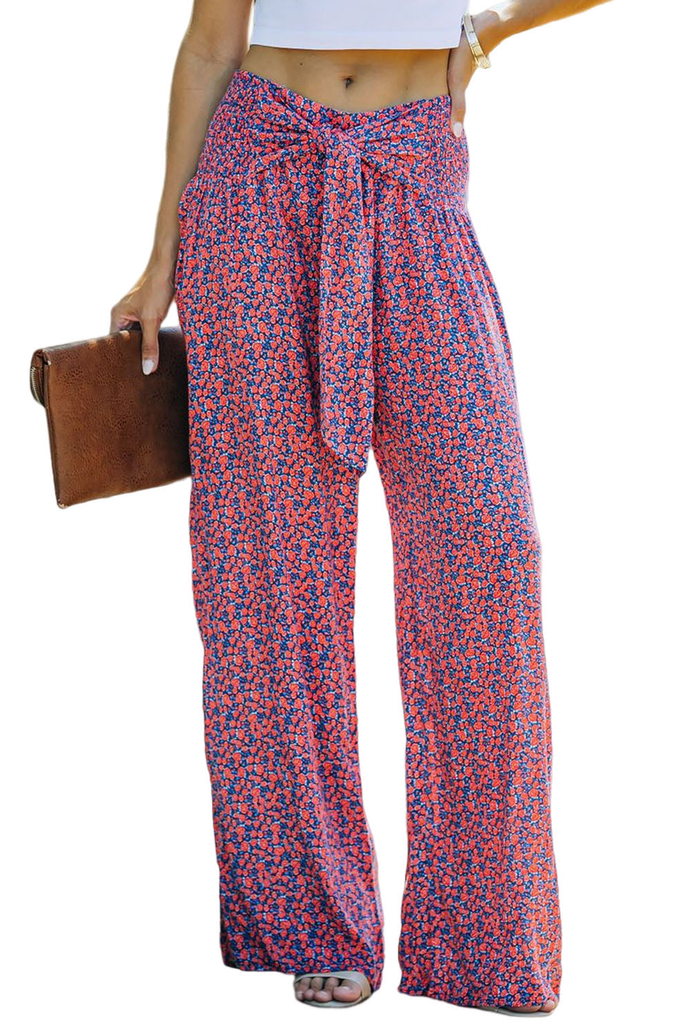 Ditsy Floral Print Tie Front Wide Leg Pants