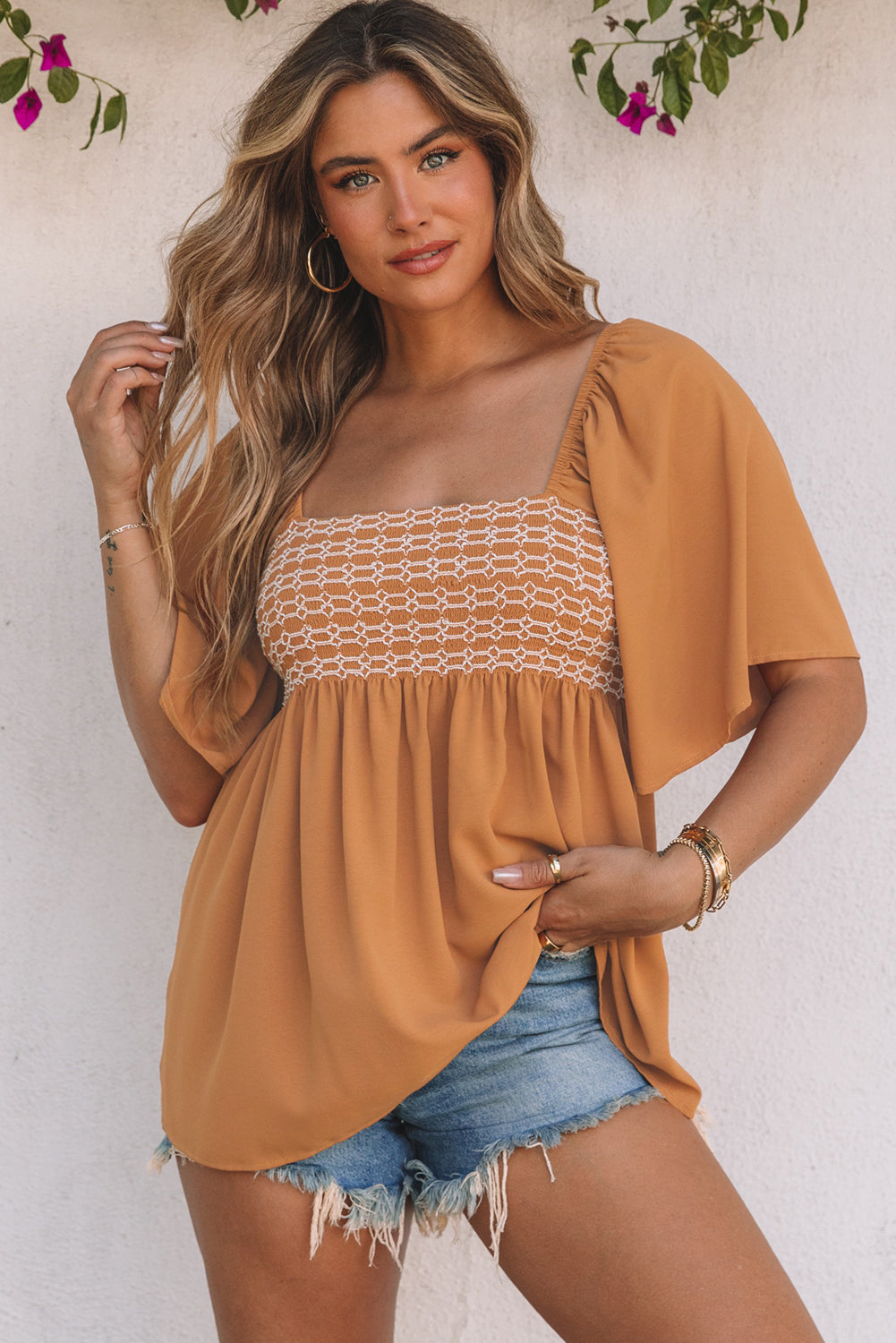 Square Neck Wide Sleeves Flowy Top