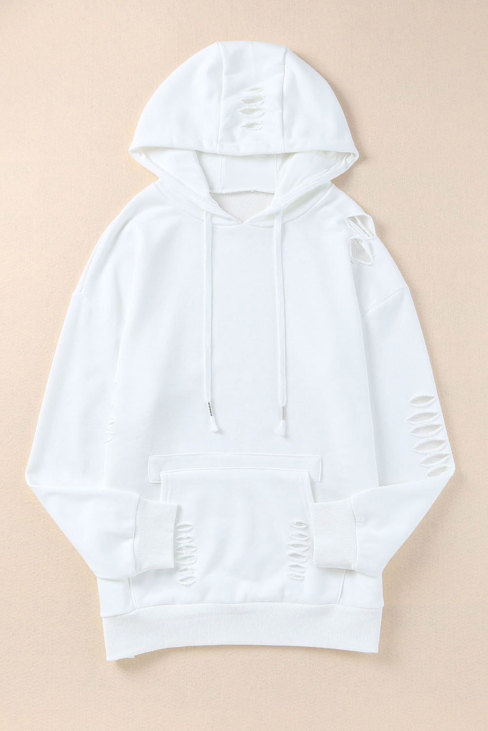 Solid Ripped Hooded Sweatshirt with Kangaroo Pocket