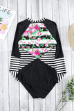 Floral Striped Patchwork Rashguard One-piece Swimsuit