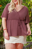 Plus Size Waffle Knit Lace V Neck Wrap Top