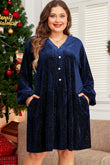 Navy Blue Plus Size Textured Velvet Tiered Button V Neck Dress