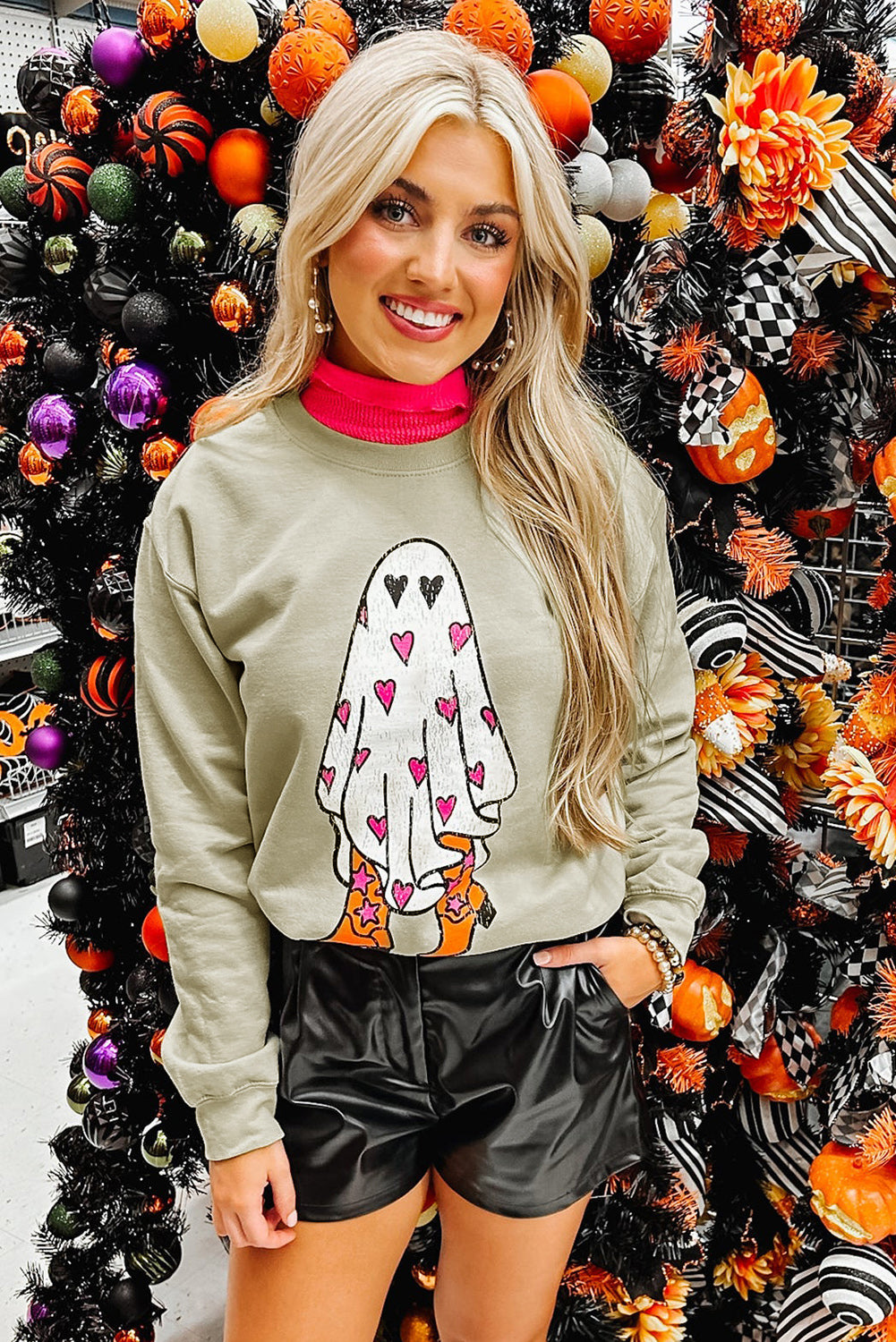 Black Halloween Spooky Ghost Print Crewneck Pullover Sweatshirt