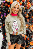 Black Halloween Spooky Ghost Print Crewneck Pullover Sweatshirt