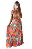 Robe longue multicolore à volants smockés et imprimé tropical vibrant