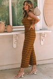 Khaki Stripe Print Open Back Sleeveless Maxi Dress with Slits