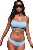 Cross Straps Tie Back Ribbed Knit Bikini Set